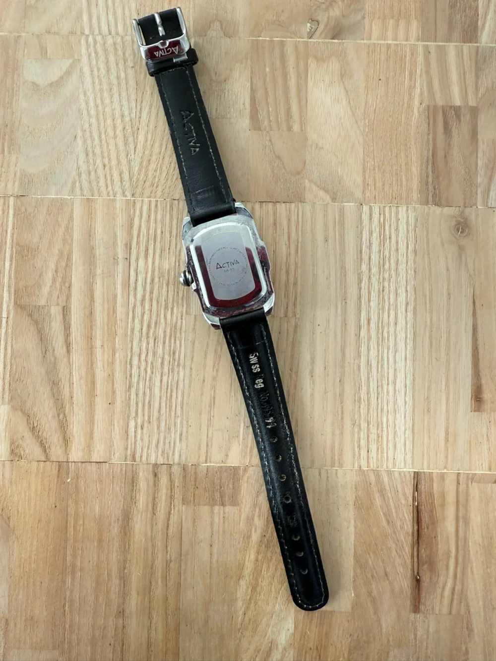 Activa Swiss ladies rectangular silver tone black leather watch NEW BATTERY